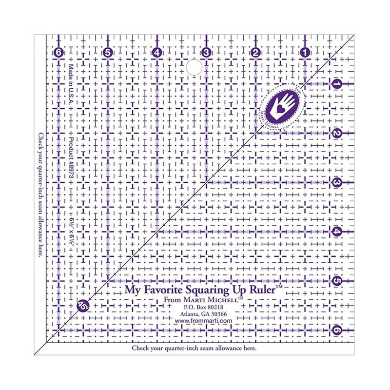 A square squaring up ruler marked with measurement lines, plus symbols, and a hand logo, in purple.