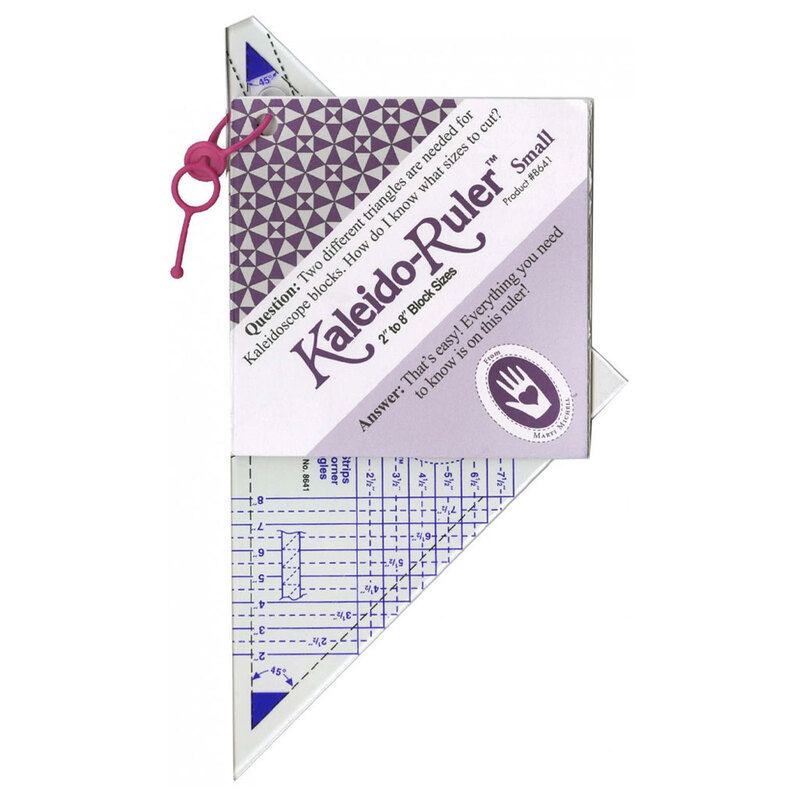 A small Kaleido-Ruler with a triangle design and instructional guides for quilters.