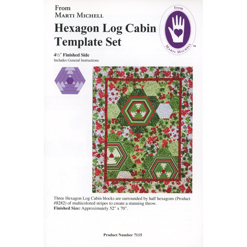 Product cover for Marti Michell's Hexagon Log Cabin Template Set, featuring quilt design and instructions.