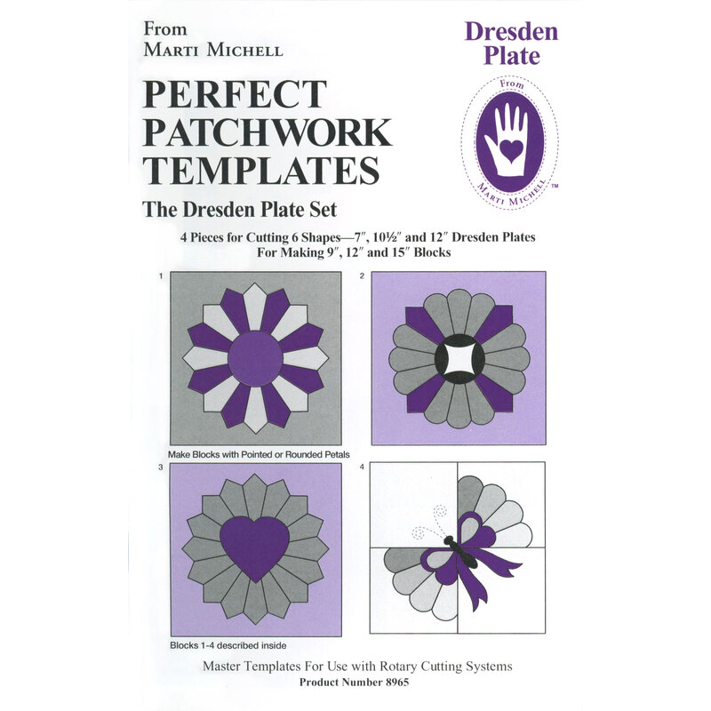 Image of a product package for the  Perfect Patchwork Templates - Dresden Plate Set by Marti Michell, featuring instructions and possible designs.