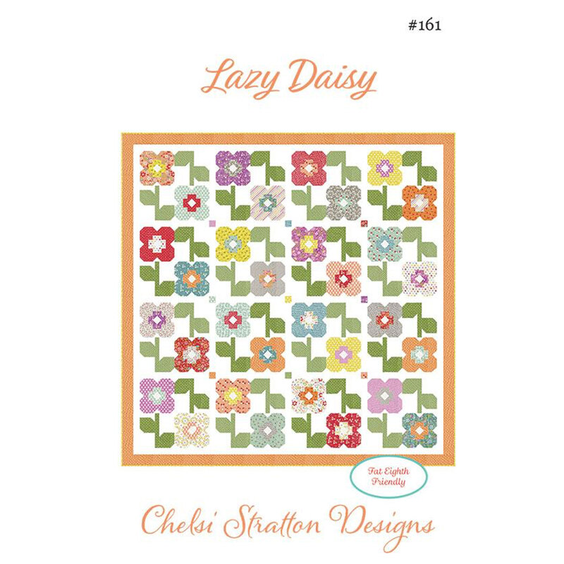 Front of pattern showing a digitized version of the finished project featuring blocks of patchwork flowers and leaves.