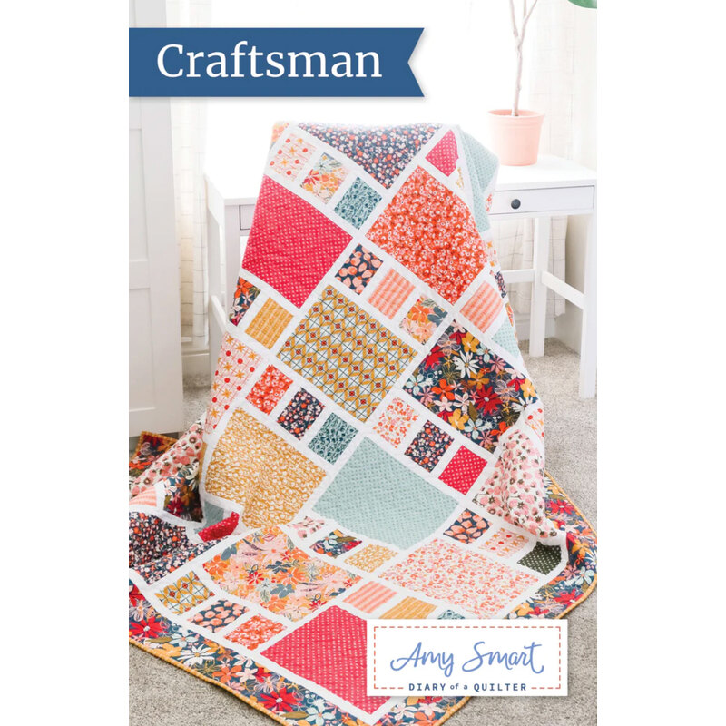 A colorful quilt featuring a patchwork design draped over a chair, with the title Craftsman above.