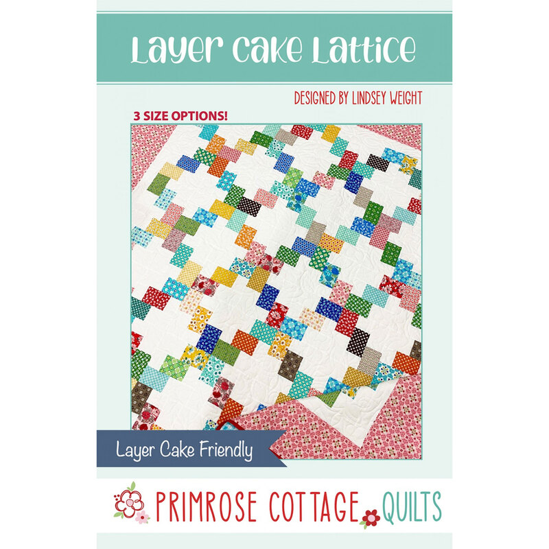 Quilt pattern cover featuring a colorful lattice design with a white background, labeled for Layer Cake.