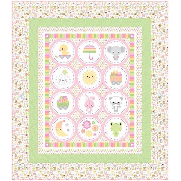 The completed quilt for the Bundle of Joy Panel Quilt, colored in yellow, green and pink baby fabrics and isolated on a white background.