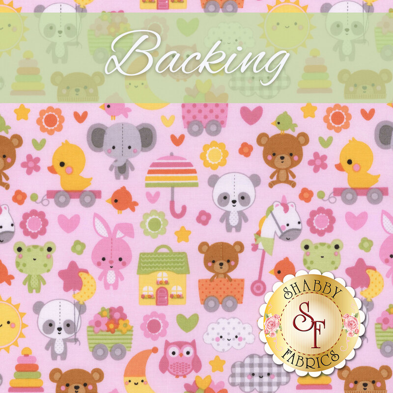 A swatch of pink fabric with baby motifs like stuffed animals, toys, and hearts. A light green banner at the top reads 