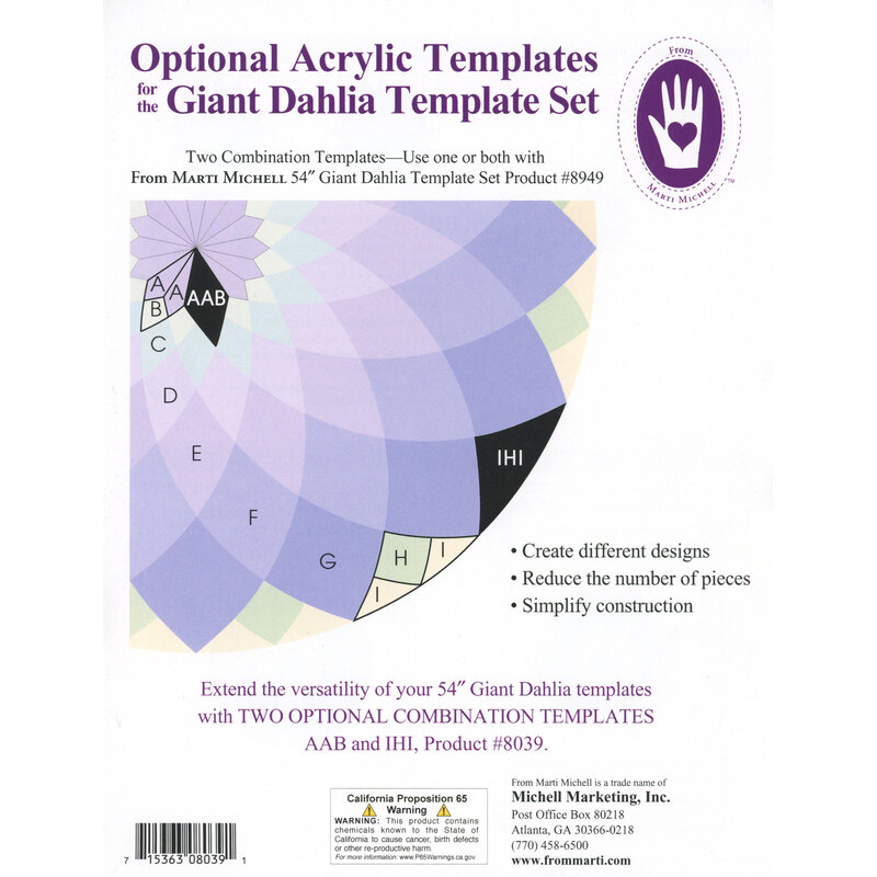 Image of a template set for crafting giant dahlias, highlighting optional acrylic templates and usage instructions.