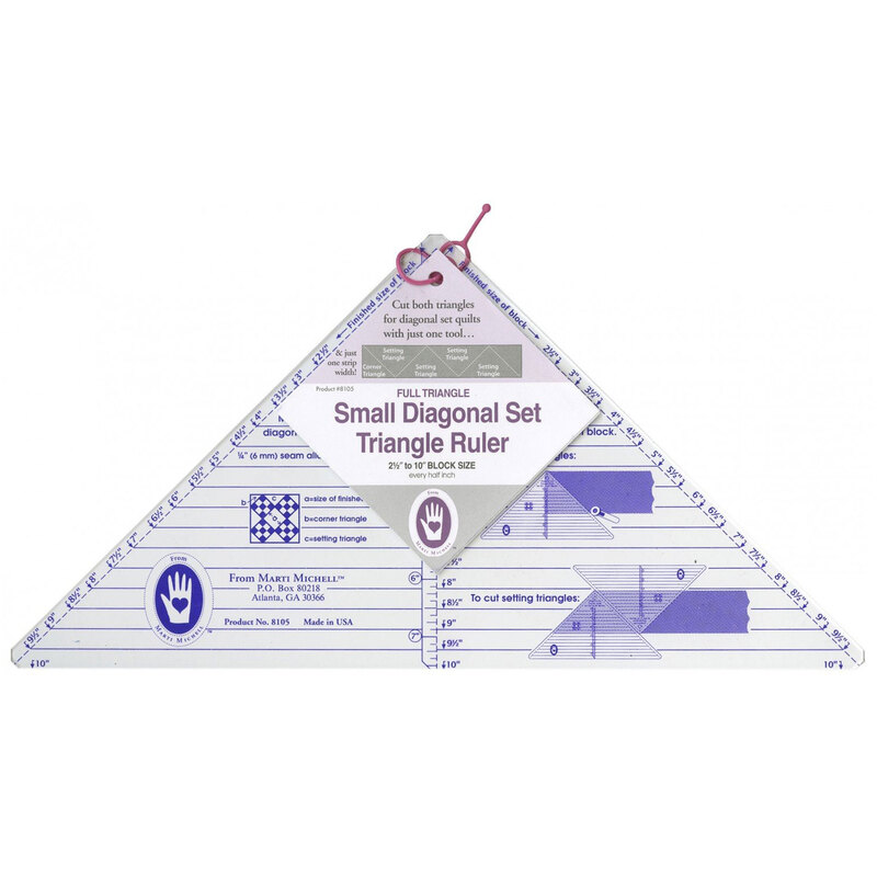 A triangular ruler labeled Small Diagonal Set with measurement markings and a hang tag.