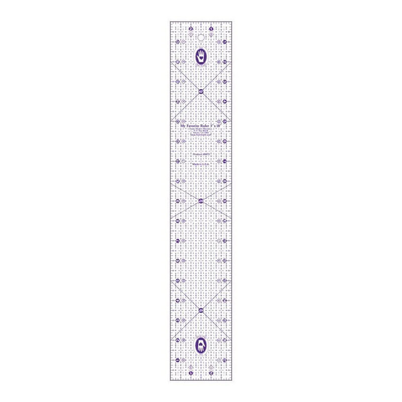 A long, clear acrylic ruler marked with grid lines, angles, and measurement units for precision.