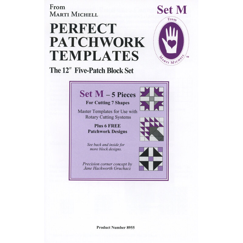 Product packaging for Marti Michell's Perfect Patchwork Templates Set M, featuring details and design examples.