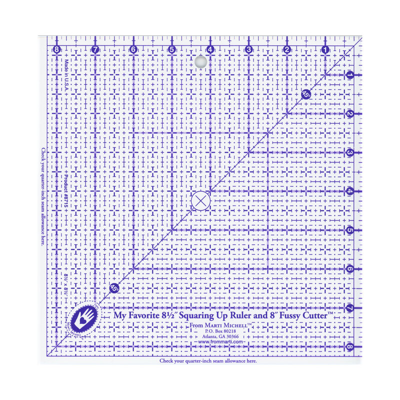 A square quilting ruler with measurement lines and a diagonal marking, labeled My Favorite 8½ Squaring Up Ruler.