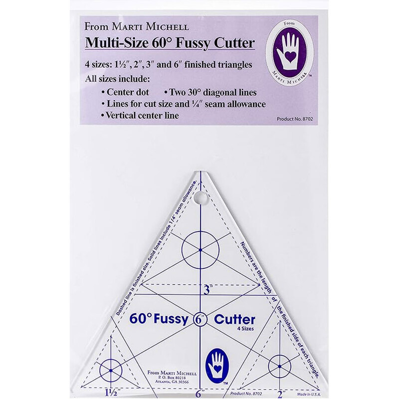 Clear plastic triangular template for cutting 1½”, 2”, 3”, and 6” finished triangles, with markings.