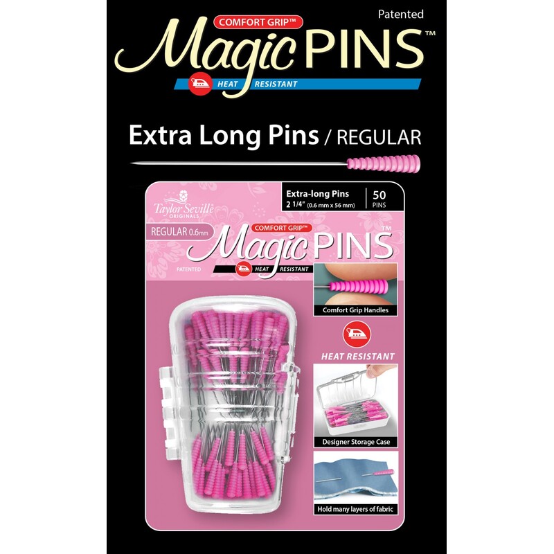 Packaging for 50 Magic Pins featuring extra long heat-resistant pins with a comfort grip handle.