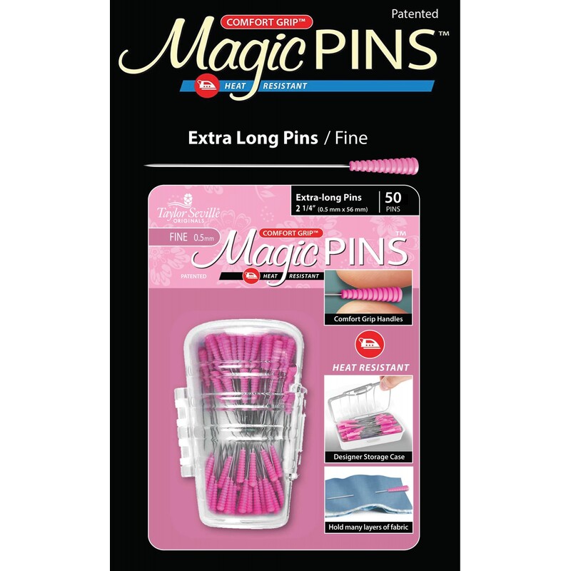 Packaging for 50 Magic Pins featuring extra long, fine, heat-resistant pins with a comfort grip handle.