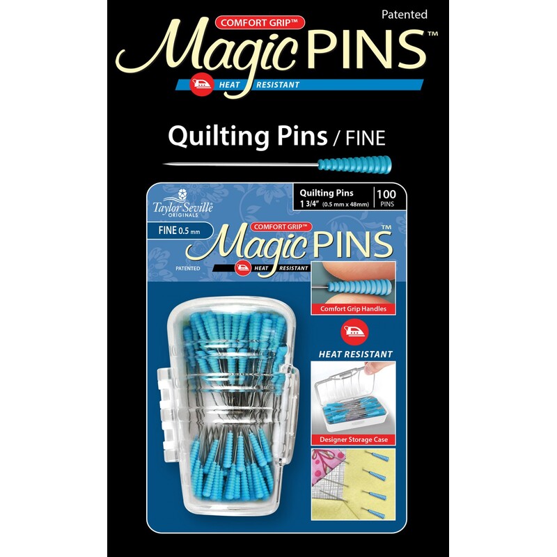 Packaging for 100 Magic Quilting Pins featuring fine, heat-resistant pins with a comfort grip handle.