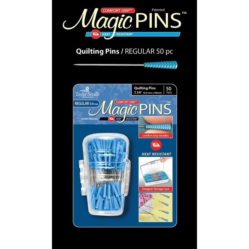 Packaging for 50 Magic Quilting Pins featuring heat-resistant pins with a comfort grip handle.