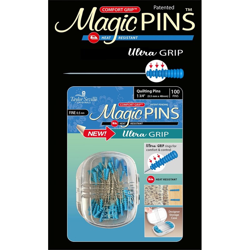 Packaging for 100 Magic Ultra Grip Pins featuring heat-resistant pins with a comfort grip handle.