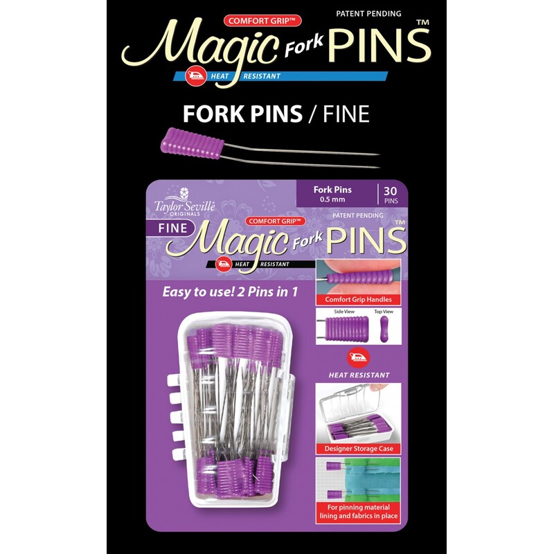 Packaging for 30 Magic Fork Pins featuring heat-resistant pins with a comfort grip handle.