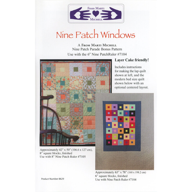 The front of the Nine Patch Windows pattern featuring two alternate quilt designs and information about the pattern.