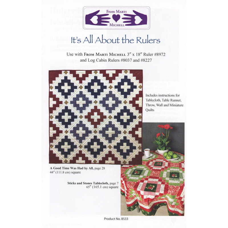 Colorful quilt patterns on a printed pamphlet, featuring instructions for table runners and quilts.