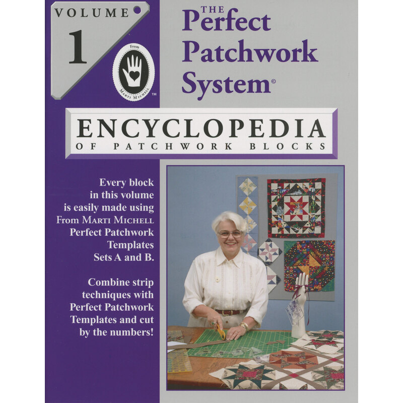 The front of the Encyclopedia Of Patchwork Blocks Volume 1 book featuring Marti Michell in her quilting studio.