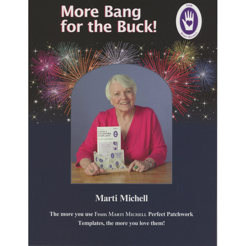 A smiling older woman in a pink blouse holds a template booklet, surrounded by festive fireworks.