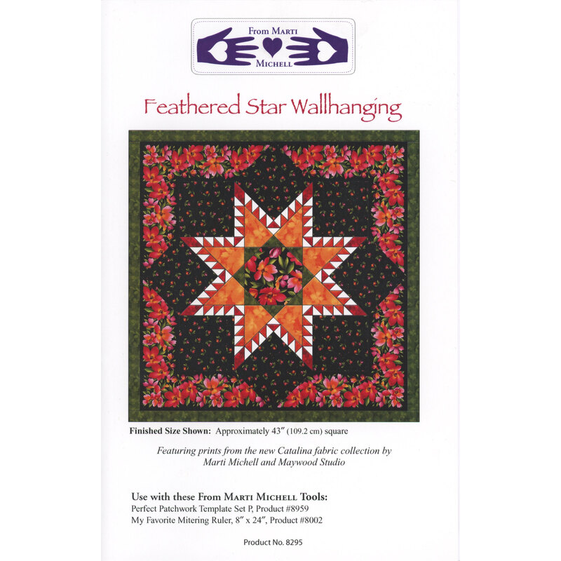 A sewing pattern for a feathered star wall hanging, featuring a vibrant star design and floral fabric.