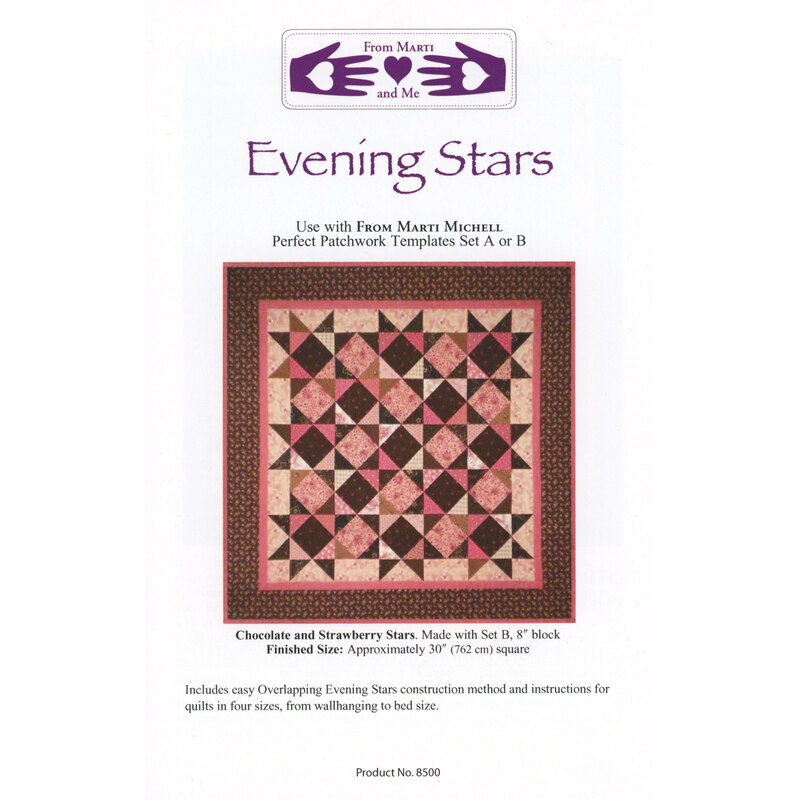 Image of a quilting pattern titled Evening Stars featuring a star design in pink and dark colors.