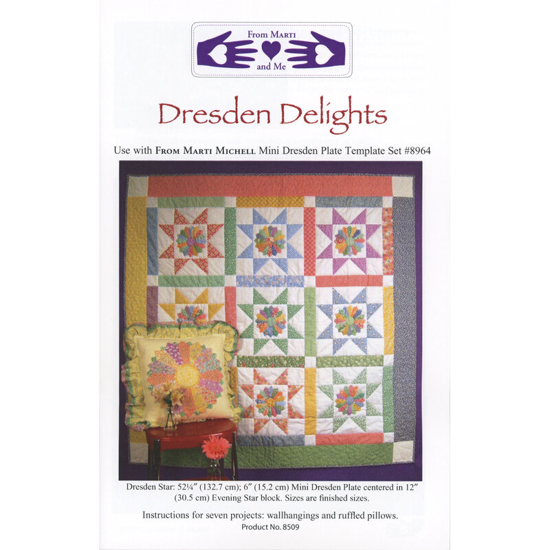 The front of the Dresden Delights pattern with the finished quilt and coordinating pillow isolated on a white background.