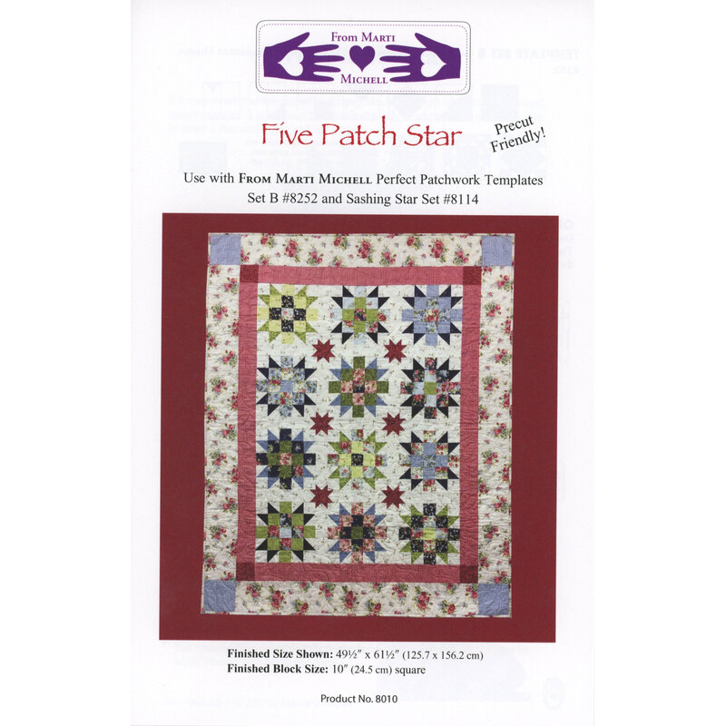 The front of the Five Patch Star pattern with the finished quilt hung on a solid red wall.