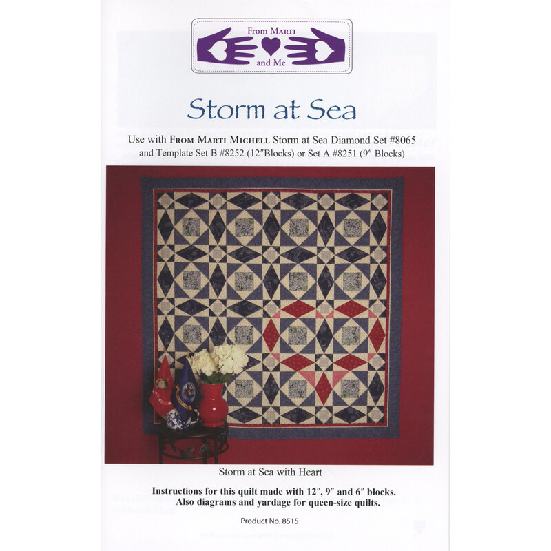 Cover of a quilting pattern titled Storm at Sea, featuring a geometric quilt design in blue, cream, and red.