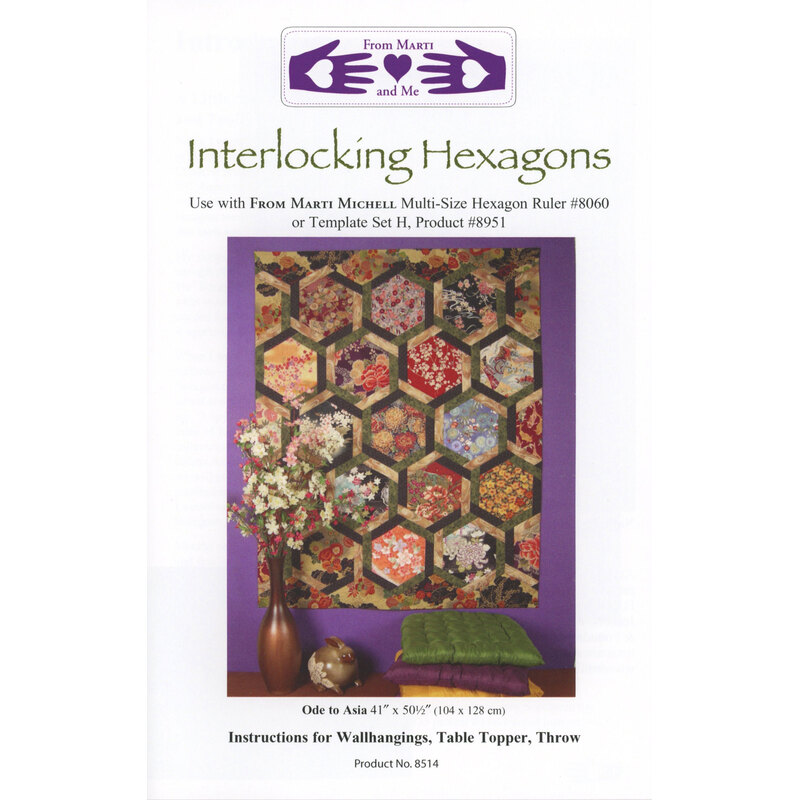 Cover of a quilting pattern featuring interlocking hexagons with floral designs and instructions.