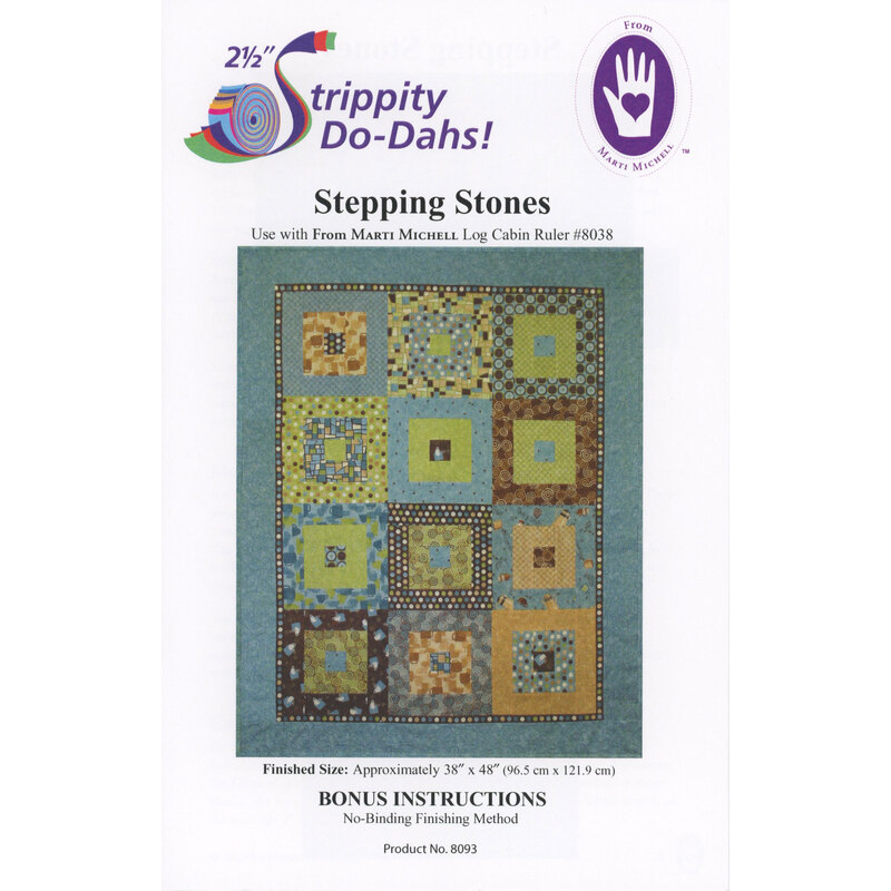 Cover of a quilting pattern titled Stepping Stones, featuring a quilt design with various blocks in blue and yellow tones.