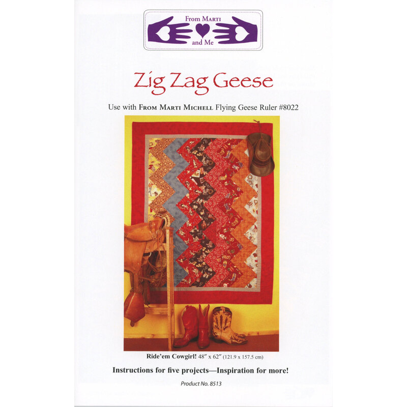 Cover of a quilting pattern titled Zig Zag Geese, featuring vibrant zigzag design with project instructions.