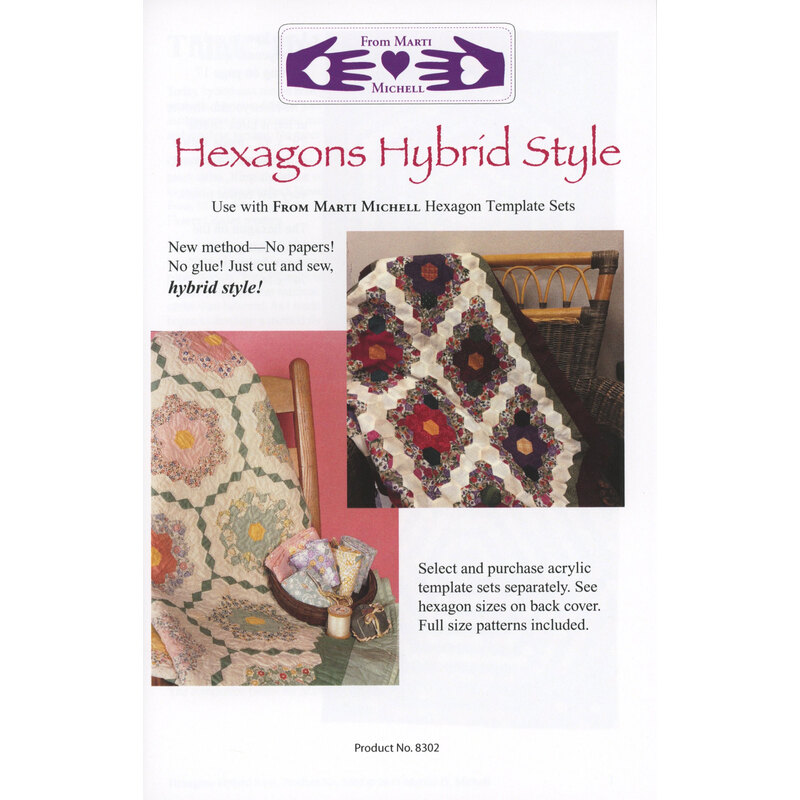 The front of the Hexagons Hybrid Style pattern with the finished quilts draped over chairs to display.