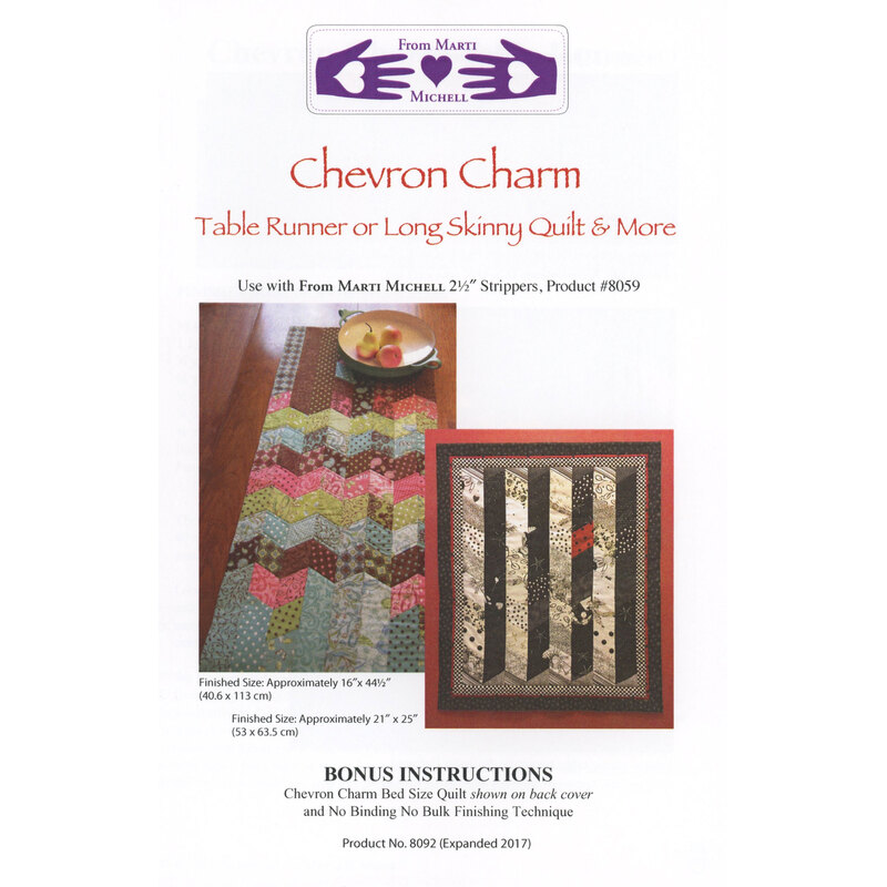 Image of a quilt pattern titled Chevron Charm showcasing a colorful table runner design with instructions.