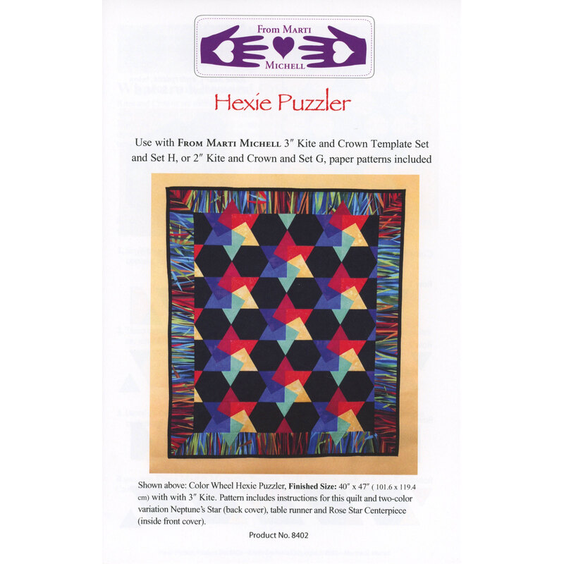 The front of the Hexie Puzzler pattern with the finished quilt isolated on a white background.