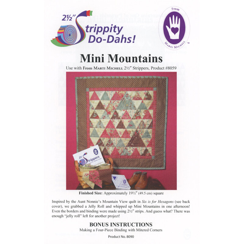 Pattern cover for Mini Mountains quilt, featuring a colorful triangular design and instructions.