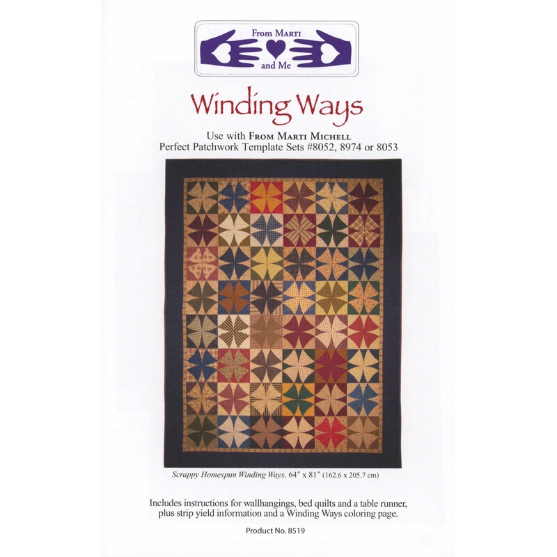 The front of the Winding Ways pattern with the finished quilt isolated on a white background.