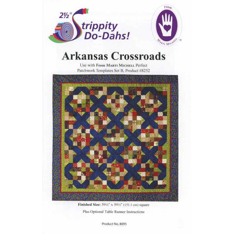 Cover of a quilting pattern titled Arkansas Crossroads, featuring a colorful quilt design with sizing details