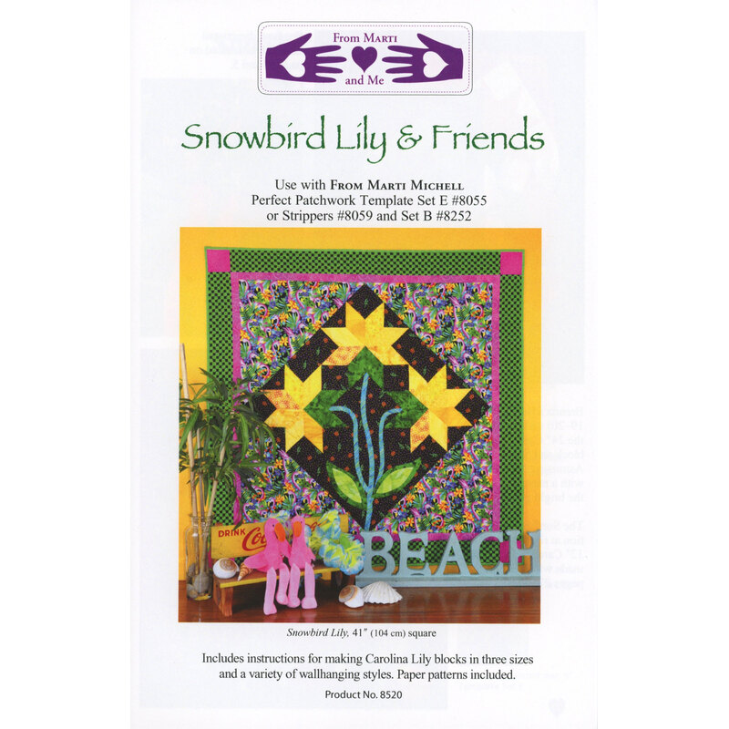 The front of the Snowbird Lily & Friends pattern with the finished quilt isolated on a white background.