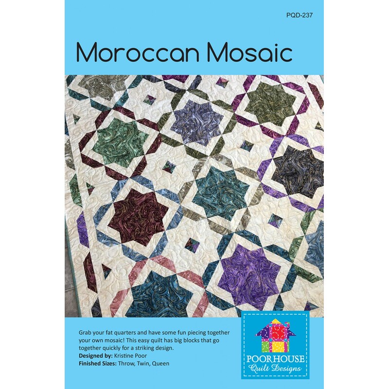 The front of the Moroccan Mosaic pattern, showing a close up on the mosaic quilt on a blue background.