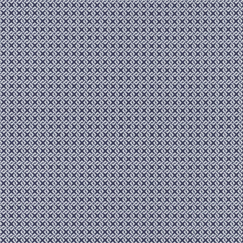 Navy fabric with an interlocking white design.