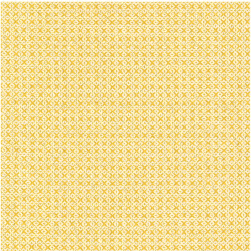 Bright yellow fabric with an interlocking white design.