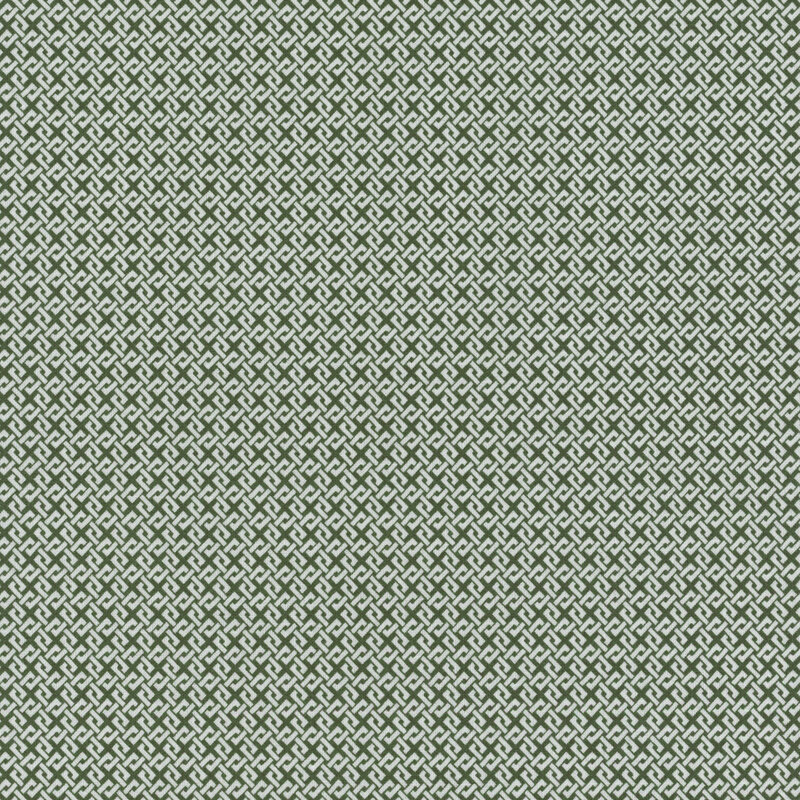 Dark green fabric with an interlocking white design.