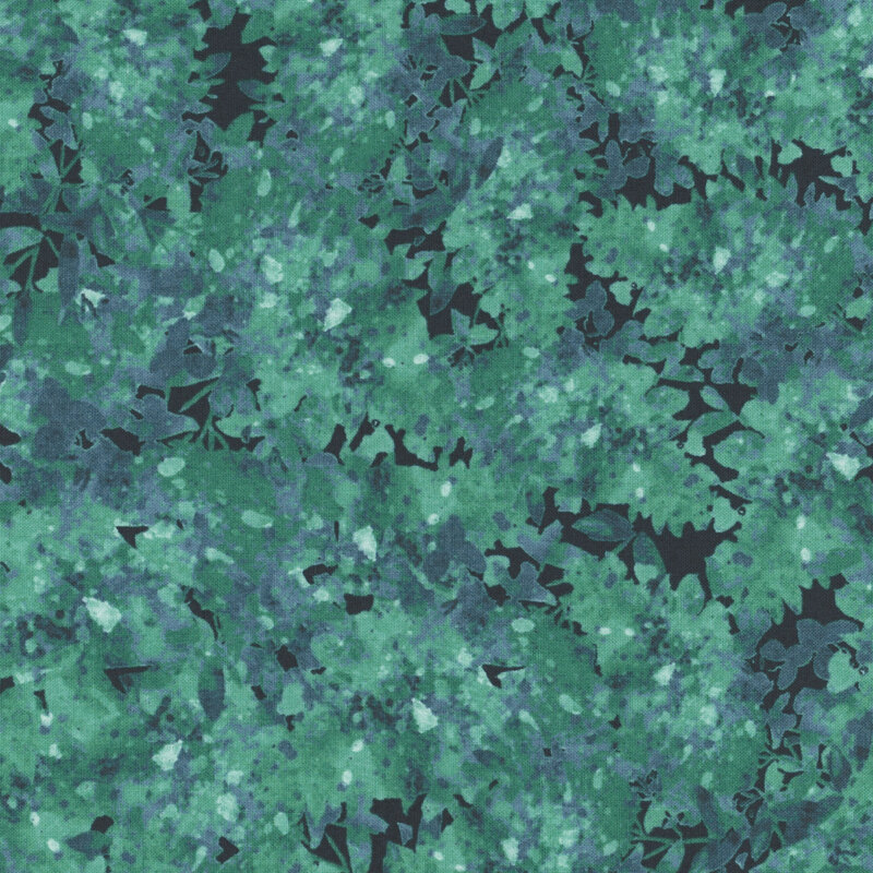 Teal fabric with a mottled and flecked design in different shades.