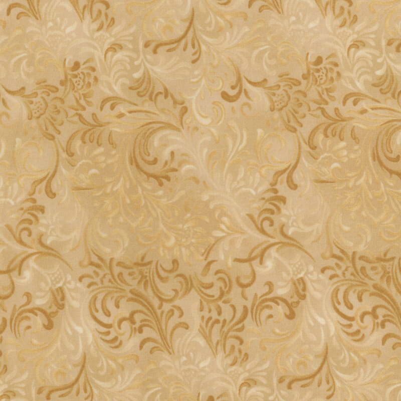 A textured fabric pattern in shades of cream and gold featuring intricate floral designs.