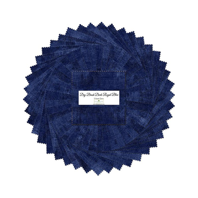 A fanned out collage of the dark blue fabrics included in the Dry Brush Dark Royal Blue 5 Karat Gems set.