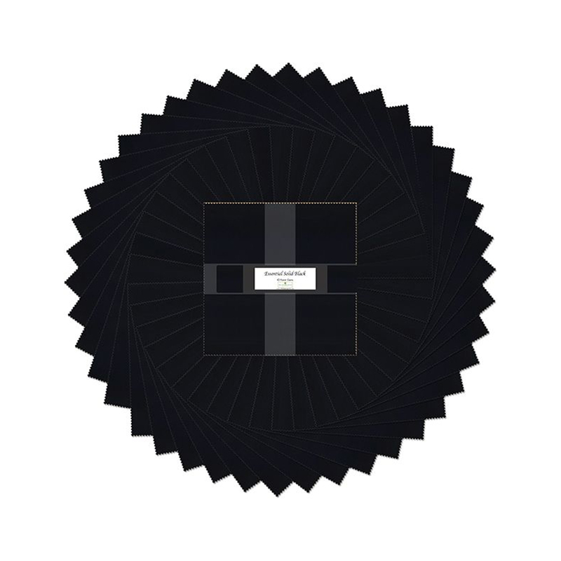 A circular display of black fabric swatches arranged in a fan shape, centered with a label.