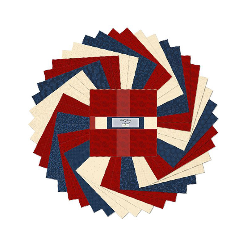 A circular arrangement of blue, red, and cream fabric squares 