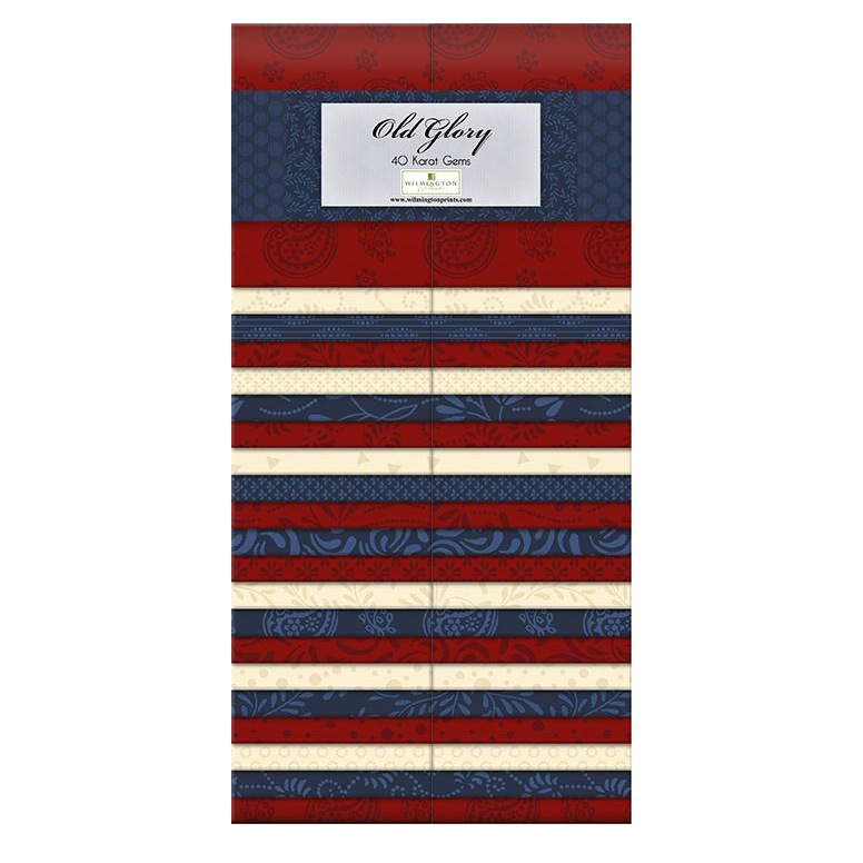 vertical fabric strips of navy, red, and cream tonal floral patterns